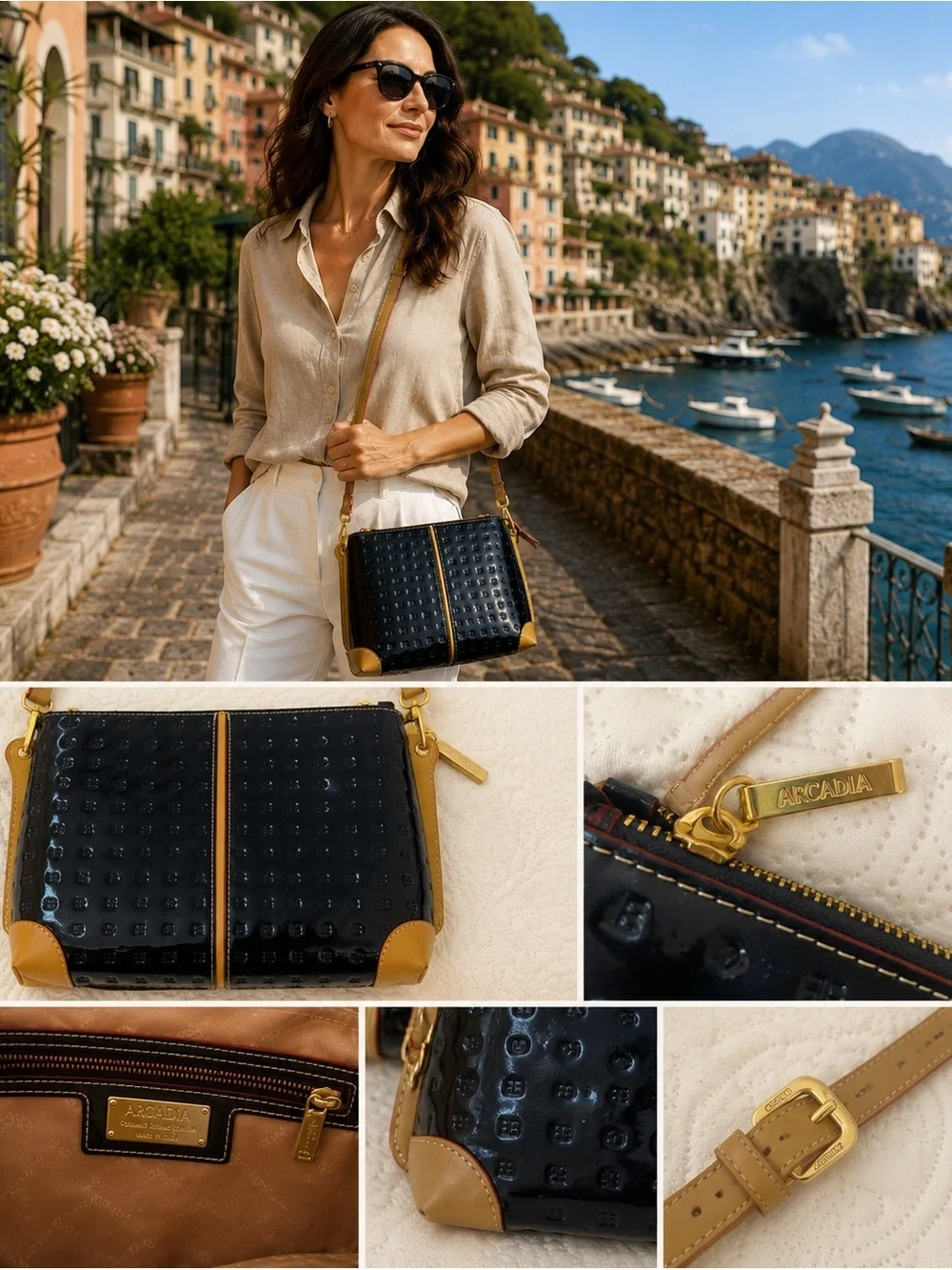 Arcadia Genuine Italian Navy Patent Leather Crossbody Bag – Made in Italy – NWOT